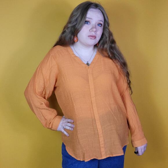 Sheer Orange Long Sleeve Blouse, 1X - Picture 1 of 4
